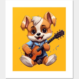 Puppy playing on Guitar Posters and Art